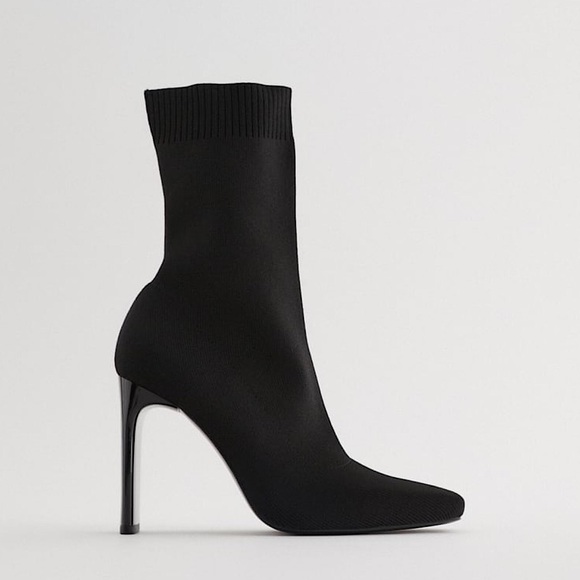 Zara Trafaluc Black Stretchy Sock Mesh Pointed Toe Ankle Boot Stiletto Heels - Picture 6 of 16